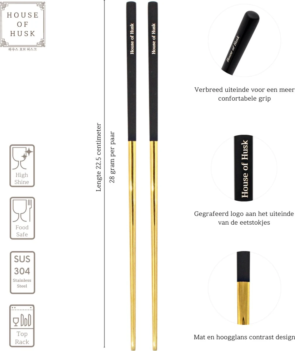 House Of Husk Chopsticks Set - Koreaanse Eetstokjes - Vaatwasserbestendig - RVS - 5 Paar - Duo Tone - Zwart Goud 2 House Of Husk Chopsticks Set - Koreaanse Eetstokjes - Vaatwasserbestendig - RVS - 5 Paar - Duo Tone - Zwart Goud - Afbeelding 2