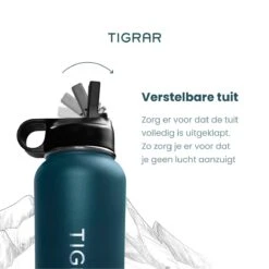 Tigrar - Waterfles - Drinkfles - Thermosfles 1 Liter Dubbelwandig - RVS - (Staal) Blauw - Incl. Extra Dop 3 Rietjes En Reiniger -Barbecue Benodigdheden 1198x1200