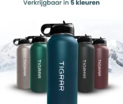 Tigrar - Waterfles - Drinkfles - Thermosfles 1 Liter Dubbelwandig - RVS - (Staal) Blauw - Incl. Extra Dop 3 Rietjes En Reiniger -Barbecue Benodigdheden 1200x1021