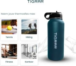 Tigrar - Waterfles - Drinkfles - Thermosfles 1 Liter Dubbelwandig - RVS - (Staal) Blauw - Incl. Extra Dop 3 Rietjes En Reiniger -Barbecue Benodigdheden 1200x1044