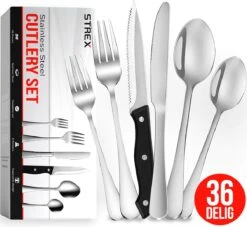 Strex Bestekset 6 Persoons - Zilver - 36-delig - Roestvrij Staal - Lepels, Messen, Vorken En Steakmessen - Hoogwaardige Kwaliteit