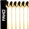 Fako Bijoux® - 6 Lange Lepels - Latte Macchiato - Longdrink - Cocktail - Dessert - IJs - Koffie - Goud - 6 Stuks - Bewaarzakje
