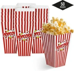 50 Duurzame Popcorn Bakjes (18x10cm) - Popcorn Zakjes Voor Filmavonden, Feestjes - Ook Geschickt Als Snoepbakje Of Feestzakje Voor Kinderen