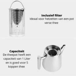 Castagnola Theepot Met Filter – Theekan – Theepot Dubbelwandig – Theepot Roestvrijstaal – Hoogwaardig RVS – 1 Liter – 5 Kopjes Thee – Zilver Glans -Barbecue Benodigdheden 1200x1195 17