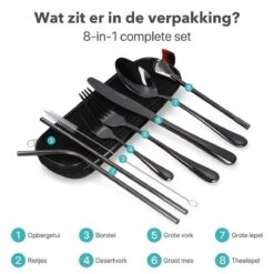 Damster Reisbestek - Verbeterde Versie - Meeneem Bestek Rvs - Reis Bestekset To Go - Incl. Herbruikbare Rietjes - Eenpersoons - Achtdelig - Zwart -Barbecue Benodigdheden 1200x1200 1928
