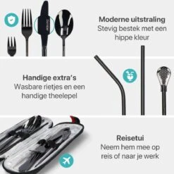 Damster Reisbestek - Verbeterde Versie - Meeneem Bestek Rvs - Reis Bestekset To Go - Incl. Herbruikbare Rietjes - Eenpersoons - Achtdelig - Zwart -Barbecue Benodigdheden 1200x1200 1932