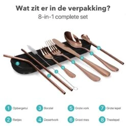 Damster Reisbestek - Verbeterde Versie - Meeneem Bestek Rvs - Reis Bestekset To Go - Incl. Herbruikbare Rietjes - Eenpersoons - Achtdelig - Roodgoud -Barbecue Benodigdheden 1200x1200 2042