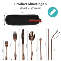 Damster Reisbestek - Verbeterde Versie - Meeneem Bestek Rvs - Reis Bestekset To Go - Incl. Herbruikbare Rietjes - Eenpersoons - Achtdelig - Roodgoud -Barbecue Benodigdheden 1200x1200 2045