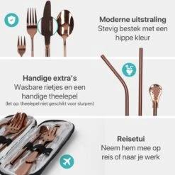 Damster Reisbestek - Verbeterde Versie - Meeneem Bestek Rvs - Reis Bestekset To Go - Incl. Herbruikbare Rietjes - Eenpersoons - Achtdelig - Roodgoud -Barbecue Benodigdheden 1200x1200 2046