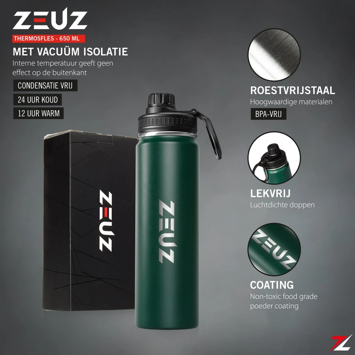 ZEUZ® Premium RVS Thermosfles & Drinkfles – Waterfles Met Rietje - BPA Vrij – 700 Ml - Mat Groen 2 ZEUZ® Premium RVS Thermosfles & Drinkfles – Waterfles Met Rietje - BPA Vrij – 700 Ml - Mat Groen - Afbeelding 2