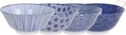 Tokyo Design Studio, Nippon Blue Assorted Designs Tayo Bowl 15.2x6.7cm 500ml Set Van 4 Kommen