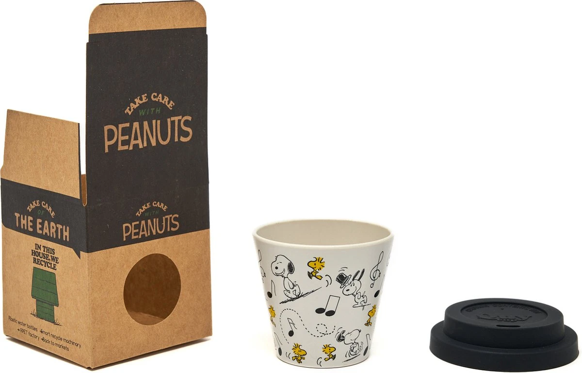 Quy Cup - 90ml Ecologische Reis Beker - Espressobeker “Peanuts Snoopy Music” Met Zwarte Siliconen Deksel 4 Quy Cup - 90ml Ecologische Reis Beker - Espressobeker “Peanuts Snoopy Music” Met Zwarte Siliconen Deksel - Afbeelding 4