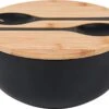 Smart Kitchen Grote Slakom Set Met Bamboe Deksel – Saladeschaal 25cm – Serveerschaal – Fruitschaal – Mengkom – Zwart