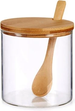 Suikerkom / Suikerpotje Glas Met Bamboe Houten Lepel En Deksel 520 ML